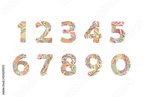 Ethnic bright vector alphabet, paisley ornaments. Hipster Graphic font. Floral and feathers simple stylized Numbers design. Hand drawn vector illustration. Part 3.