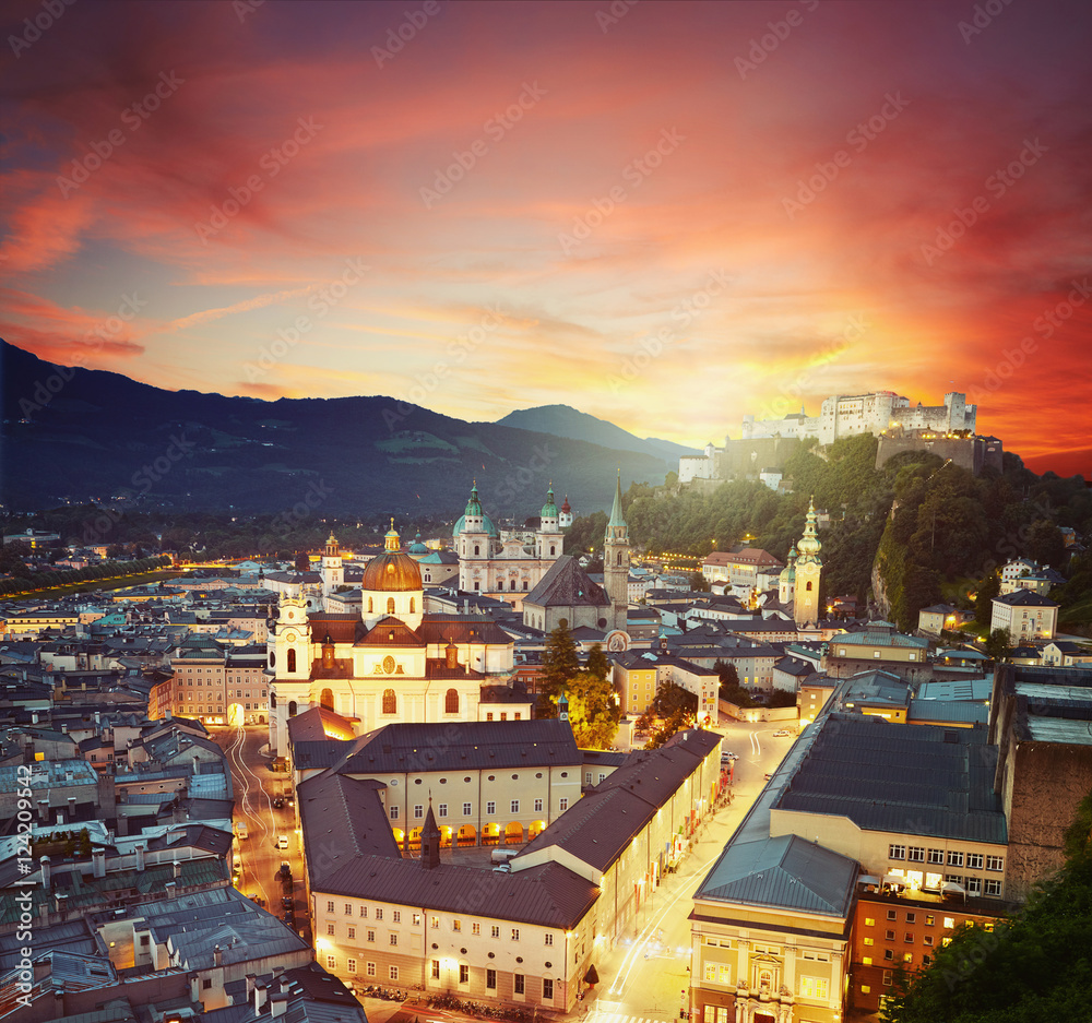 Aerial night view of the famous historic city of Salzburg