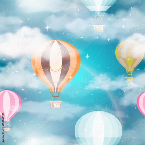 hot air balloon in blue sky with stars and clouds, vector illustration for children background, flat greeting card, wrapping, poster print, ...
