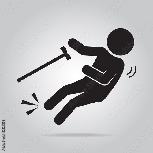 Elderly with stick and slip injury, person injury symbol illustration