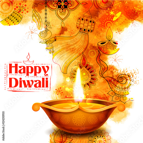 Burning diya on Happy Diwali Holiday watercolor background for light festival of India