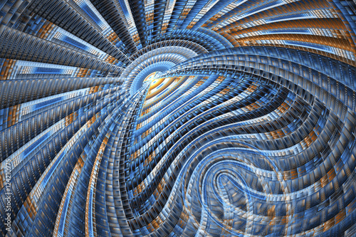 Abstract empty hall with textured walls. Computer-generated fractal in blue, orange and white colors.
