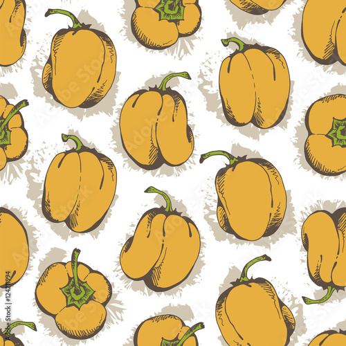Bell peppers pattern, seamless grunge background with hand drawn sweet peppers