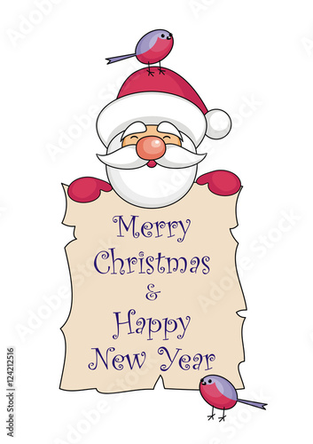 Greeting card merry Christmas and happy New Yearwith the image of funny Santa Claus. 