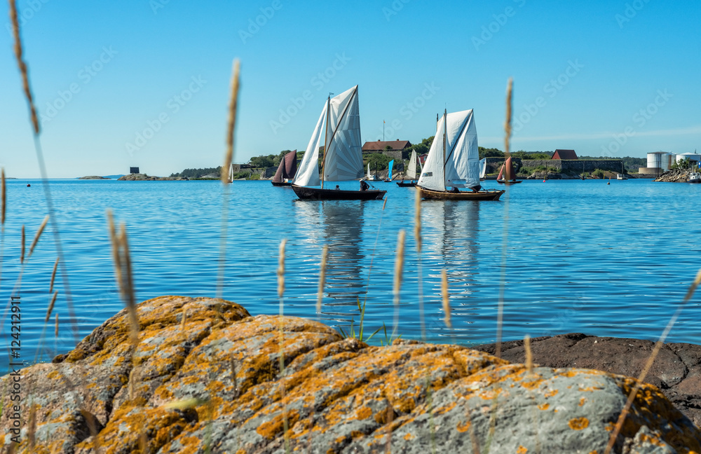 Fototapeta premium Swedish sea coast scenery with old sailboats