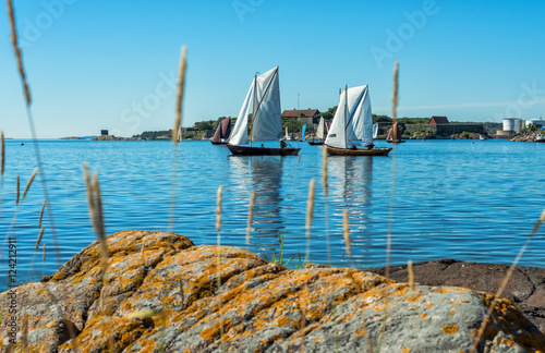 Swedish sea coast scenery with old sailboats
