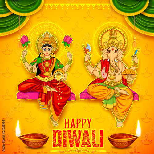 Goddess Lakshmi and Lord Ganesha on happy Diwali Holiday doodle background for light festival of India