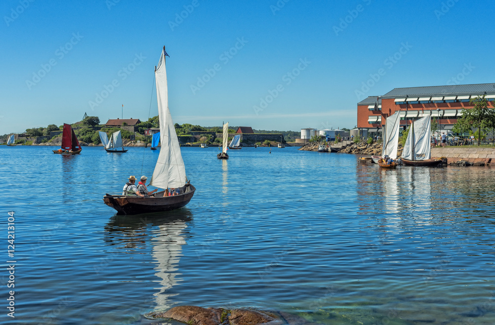 Fototapeta premium Sailboats in Karlshamn city bay