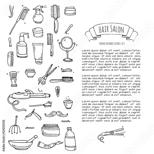 Hand drawn doodle Hair salon icons set. Vector illustration. Barber symbols collection. Cartoon hairdressing equipment elements: shampoo, mask, hair die, scissors, iron, curlers, dryer, razor.