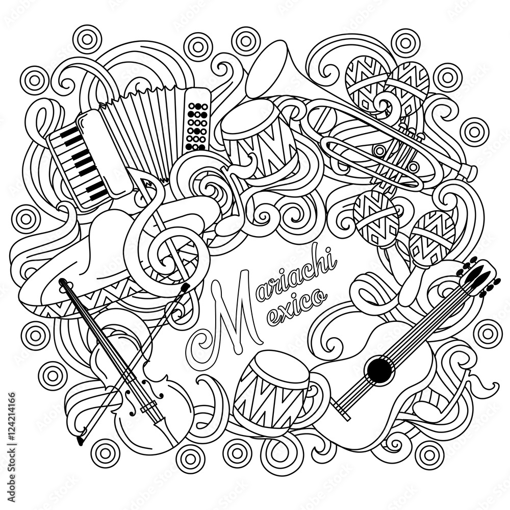 Mariachi Mexico festive sketch background.
