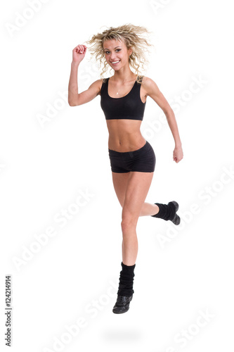 Aerobics fitness woman jumping isolated in full body.