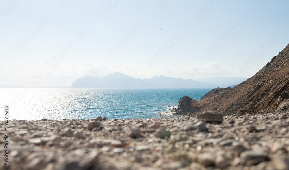 Nature of the Crimea. Beautiful sea view with mountains in the village of Koktebel