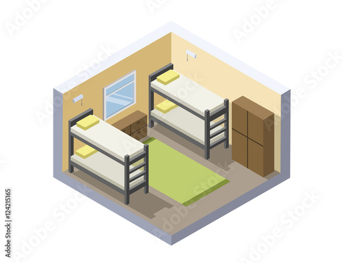 Vector Isometric illustration of hostel room. Flat 3d. Interior design. Cheap hotel icon.