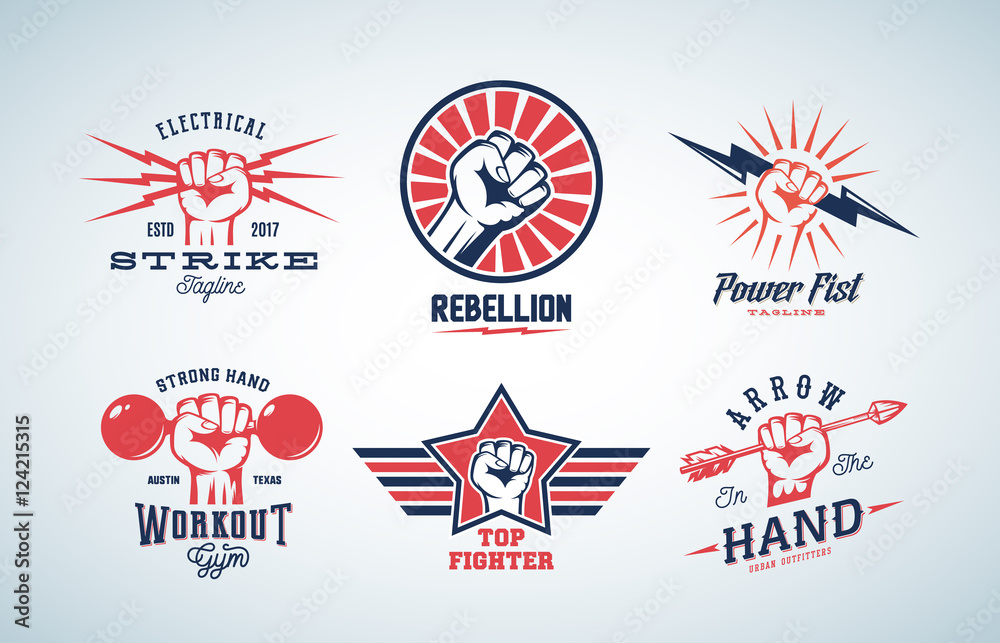 Abstract Vector Fists Logo Set. Different Concepts with Hand Emblem or Sign. Retro Style and Typography.