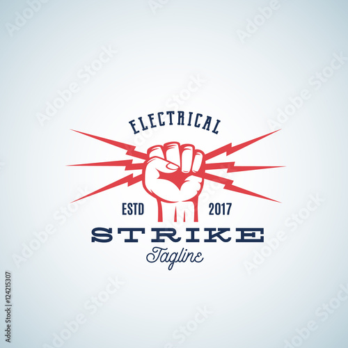 Electrical Strike Power Abstract Vector Emblem or Logo Template. Fist holding Lightnings Symbol with Retro Typography.