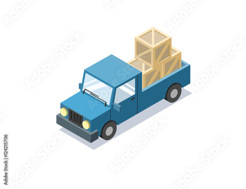Vector isometric blue wagon car with boxes, minivan, trucks for cargo transportation, delivery car icon, 3D flat business illustration