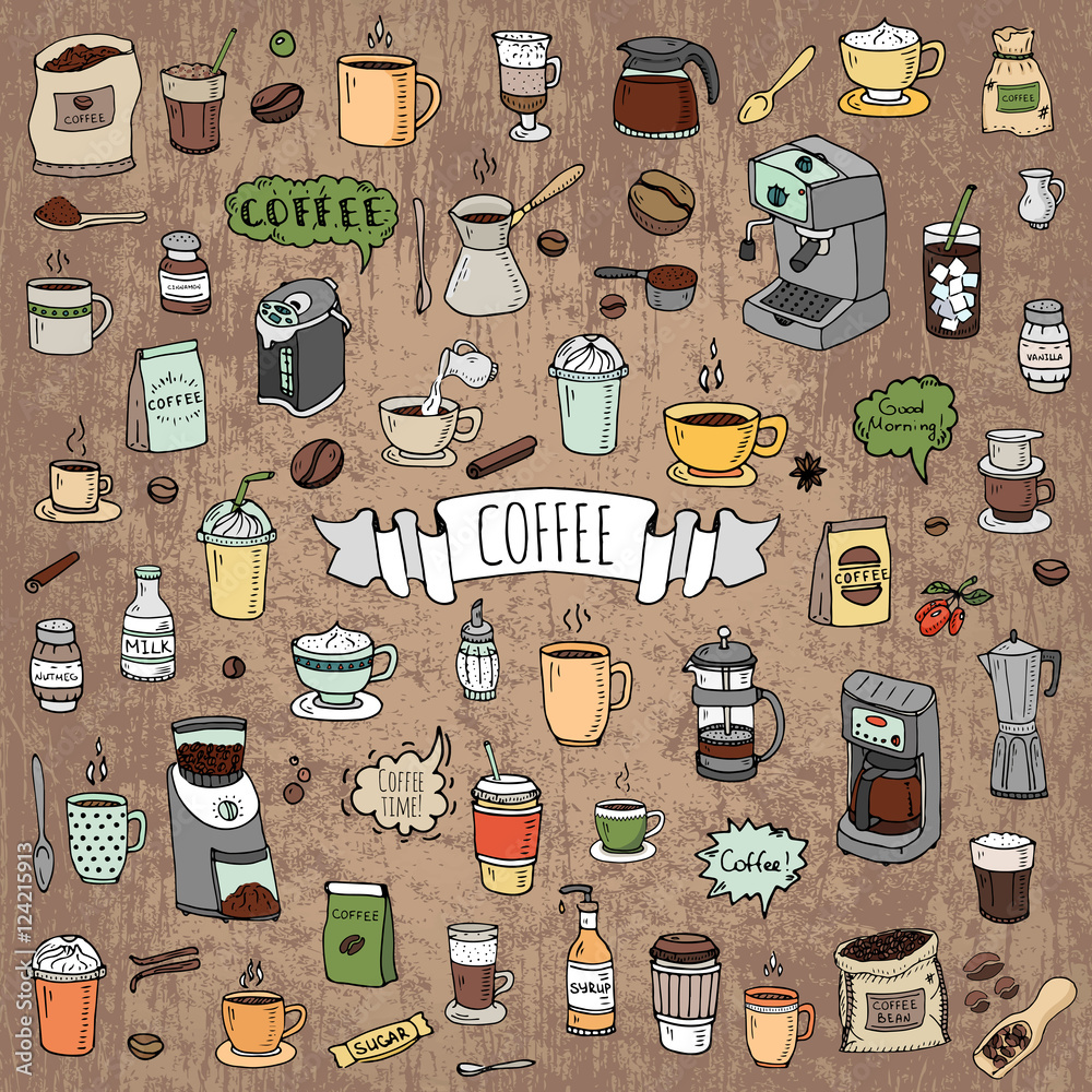 Hand drawn doodle Coffee time icon set Vector illustration isolated ...