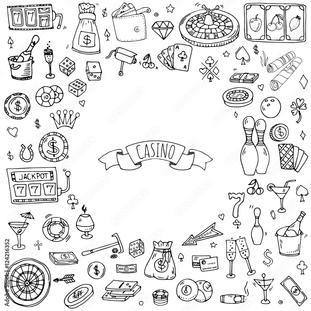 Hand drawn doodle set of Casino icons. Vector illustration set. Cartoon Gambling symbols. Sketchy game elements collection: bet, jackpot, cards, chips, coins, darts, roulette, poker, money, slot. Hand drawn doodle set of Casino icons. Vector illustration set. Cartoon Gambling symbols. Sketchy game elements collection: bet, jackpot, cards, chips, coins, darts, roulette, poker, money, slot.