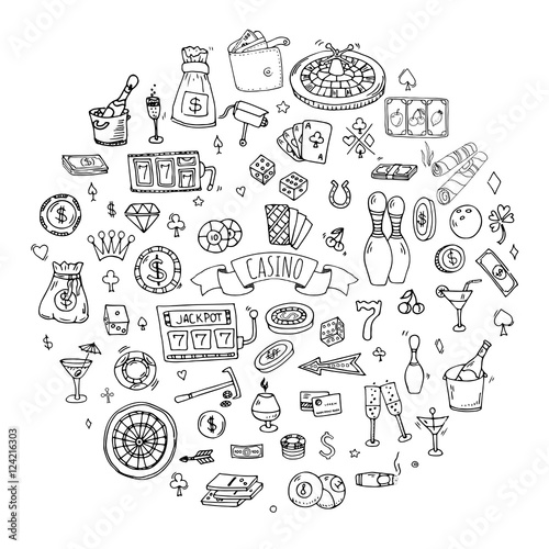 Hand drawn doodle set of Casino icons. Vector illustration set. Cartoon Gambling symbols. Sketchy game elements collection: bet, jackpot, cards, chips, coins, darts, roulette, poker, money, slot.