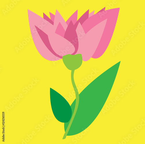 Single pink flower on yellow background. Vector illustration