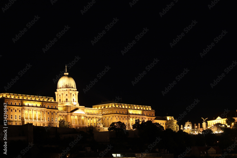 illuminated Budapest royal castle by night