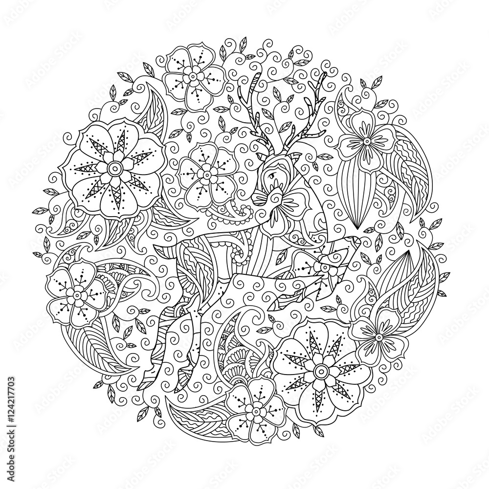 Fototapeta premium Coloring page with running deer and floral circle.