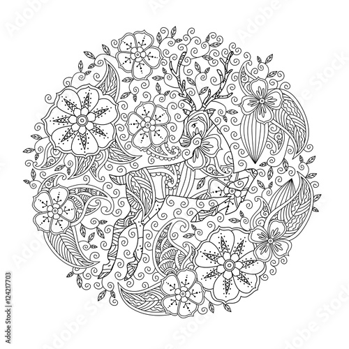 Coloring page with running deer and floral circle.