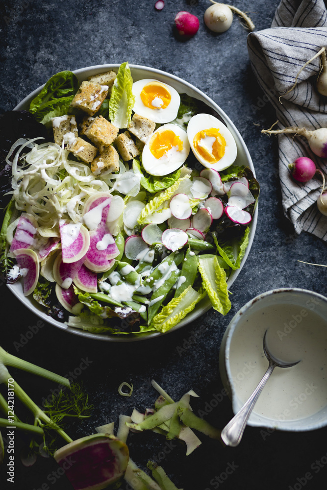 Spring greens salad with fennel, radish & miso-buttermilk dressi Spring greens salad with fennel, radish & miso-buttermilk dressi