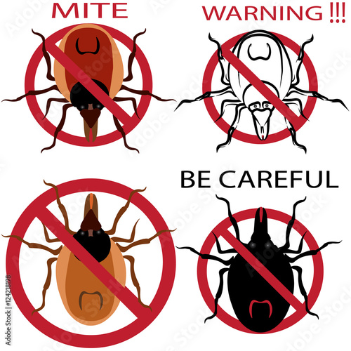 A set of warning sign. Spider mites. Red mite. Mite allergy. Epidemic. Mite parasites illustration