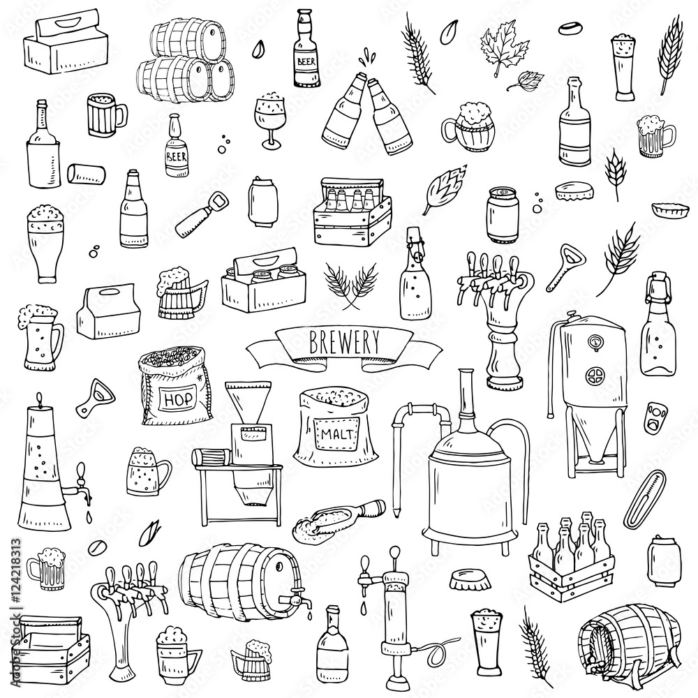 Hand drawn doodle set of Brewery icons. Vector illustration set. Cartoon Craft Beer production symbols. Sketchy brewing elements collection: pub equipment, malt, hop, glass, barrel, mill, beer tap. Hand drawn doodle set of Brewery icons. Vector illustration set. Cartoon Craft Beer production symbols. Sketchy brewing elements collection: pub equipment, malt, hop, glass, barrel, mill, beer tap.
