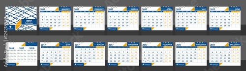 2017 calendar set include 12 months front cover and back cover (3 years 2016 2017 2018). Desk calendar corporate design layout template vector week start on Monday.Size 8"x 6" horizontal. EPS-10.