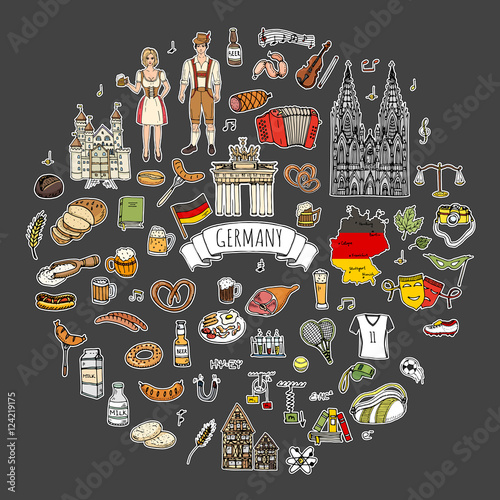 Patches. Hand drawn doodle set of Germany icons. Vector illustration set. Cartoon German landmark. Sketchy Europe travel collection: Sausage, Beer, Wheat bread, football, tennis, classic music, castle