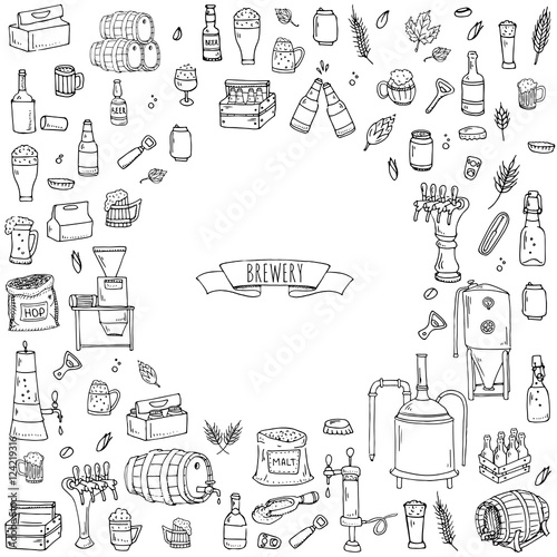Hand drawn doodle set of Brewery icons. Vector illustration set. Cartoon Craft Beer production symbols. Sketchy brewing elements collection: pub equipment, malt, hop, glass, barrel, mill, beer tap.