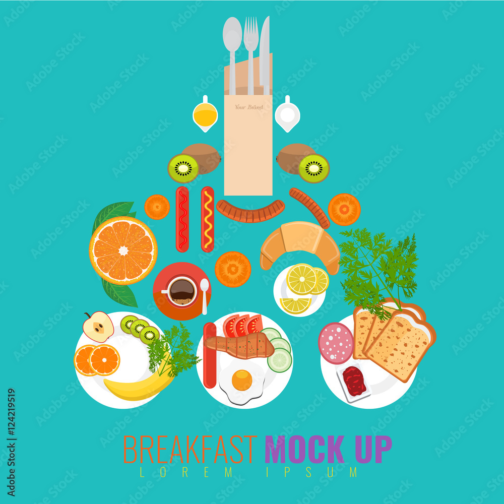 Vector breakfast concept with food and drinks with flat icons in ...