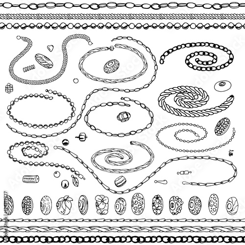 Set with bracelets, beads, chains, woman fashion. Chains are endless, seamless pattern brushes.