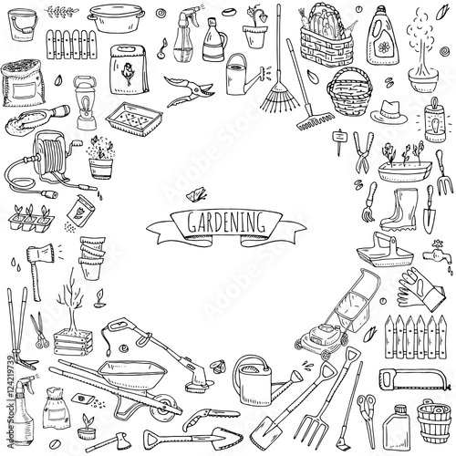 Hand drawn doodle set of Gardening icons. Vector illustration set. Cartoon Garden symbols. Sketchy elements collection: lawnmower, trimmer, spade, fork, rake, hoe, trug, wheelbarrow, hose reel.