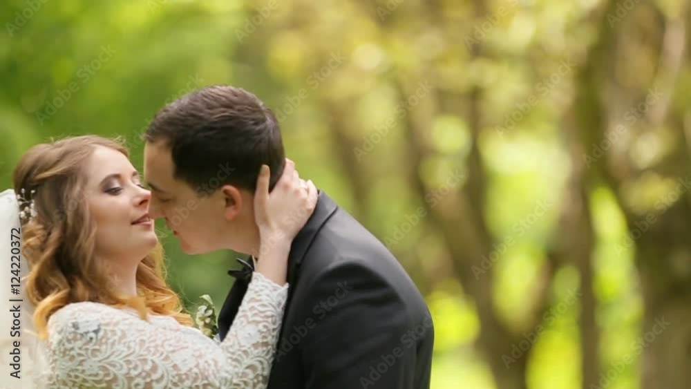 bride and groom embracing on a background of the forest bride and groom embracing on a background of the forest