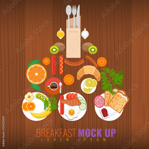 Vector breakfast concept with food and drinks with flat icons in creative composition mockup. Breakfast composition mock-up with wood background table