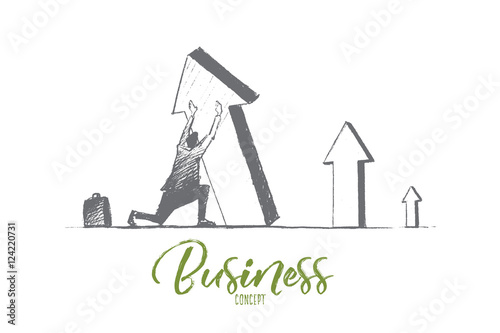 Vector hand drawn business concept sketch. Businessman sitting on his haunches and trying to lift falling indicator of growth by hands. Lettering Business concept
