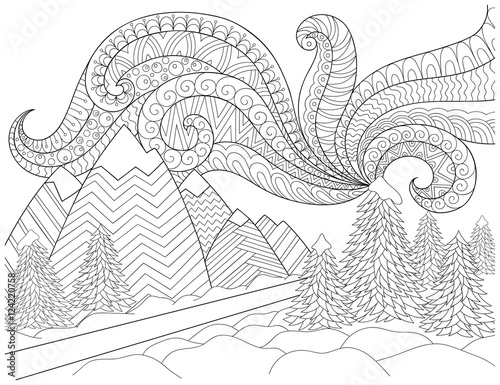 Doodle pattern in black and white. Winter Landscape - road,trees,mountains, northern lights, snow drifts. Landscape Pattern for coloring book. Winter mood - coloring book page for children and adults.