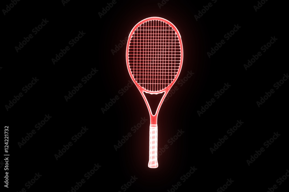 Tennis Racket in Hologram Wireframe Style. Nice 3D Rendering
