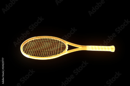 Tennis Racket in Hologram Wireframe Style. Nice 3D Rendering
