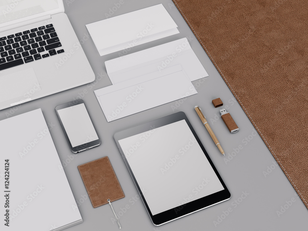 Brown branding mockup. Template set on black background. 3d rendering. 3D illustration Brown branding mockup. Template set on black background. 3d rendering. 3D illustration