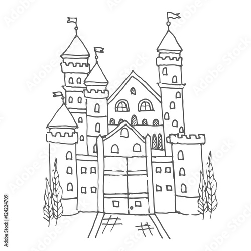 Hand drawn cartoon fairy tale castle icon. Vector illustration. Doodle style Castle for princess. Sketch tree, fairytale, game icon, cute magic kingdom. Old building facade. Tower with flags.