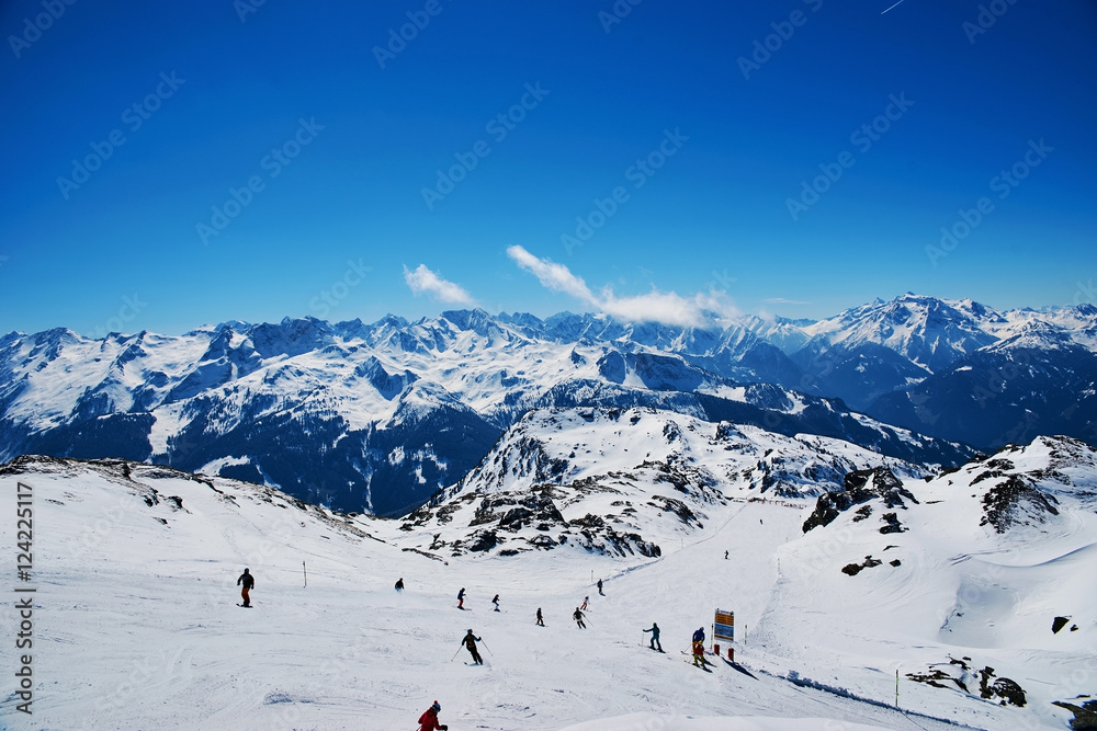 MAYRHOFEN, AUSTRIA - MARCH 28, 2015 - Slopes and ski lifts at ilpine skiing resort at Mayrhofen, Austria on March 28, 2015
