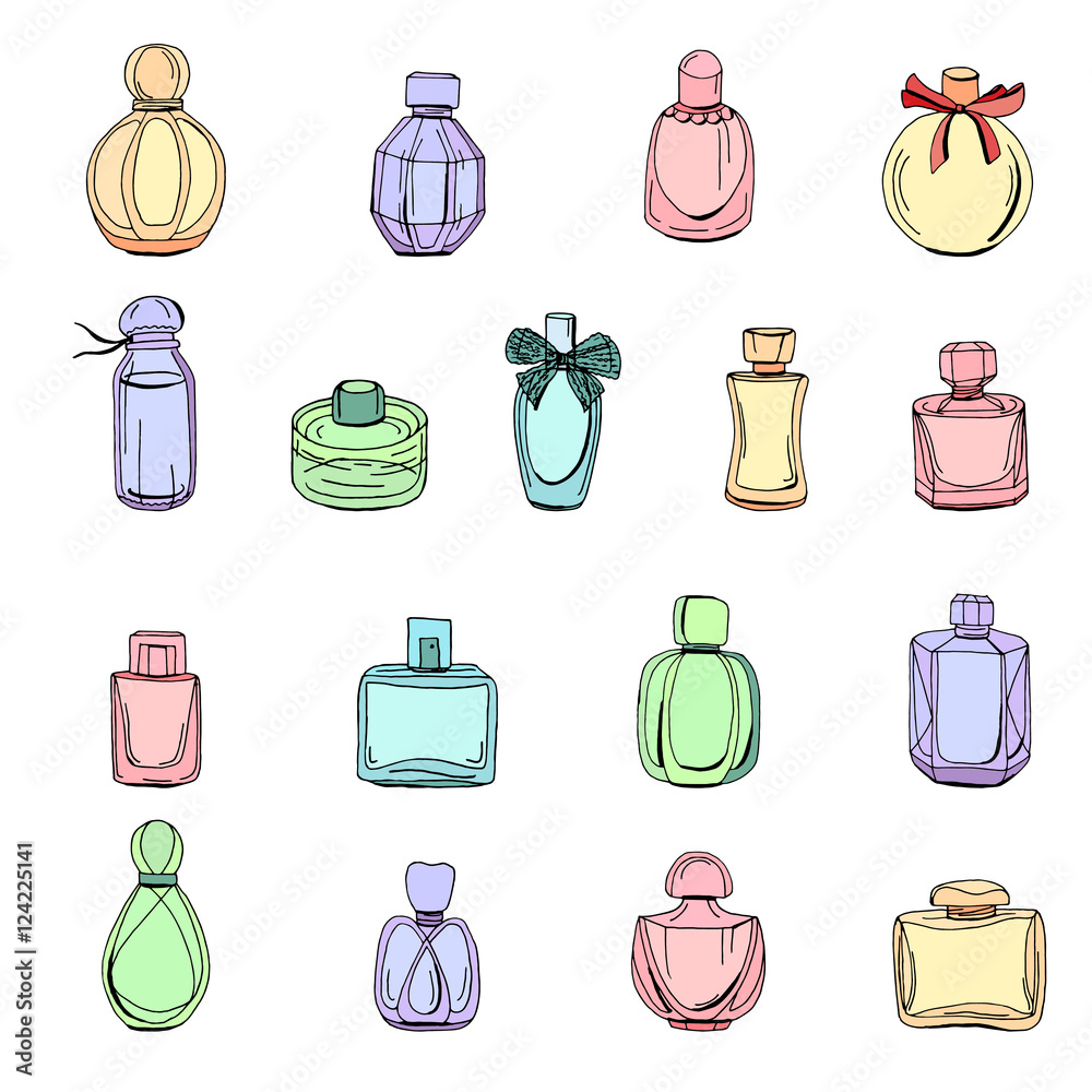Set with bottles of woman perfume isolated on white. Objects on white background for fashion design.