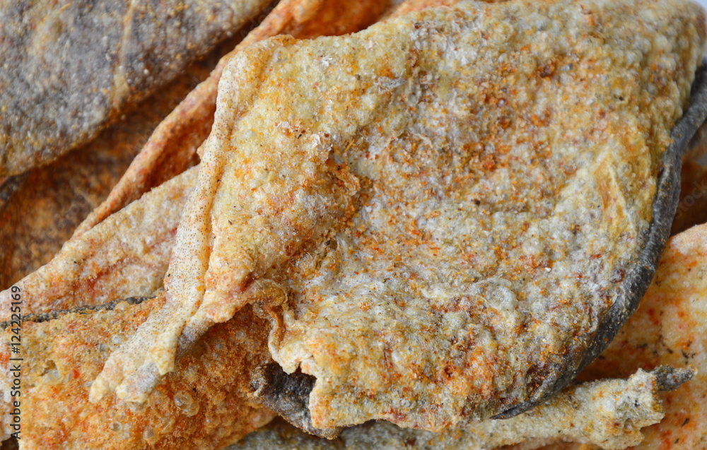 crispy fried fish skin with seasoning on dish