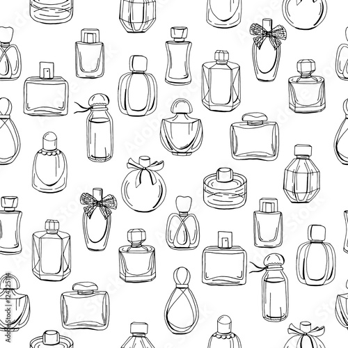 Seamless pattern with different bottles of woman perfume.  Endless texture for fashion design,wrappings,fabrics.