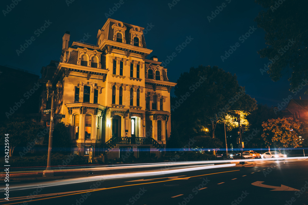 Historic house along Logan Circle at night, in Washington, DC.