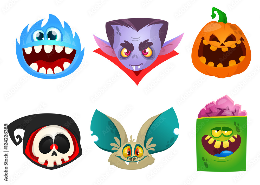 Halloween characters icon set. Cartoon head avatars of pumpkin Jack o lntern, zombie, vampire, skull, bat and furry monster. Halloween characters icon set. Cartoon head avatars of pumpkin Jack o lntern, zombie, vampire, skull, bat and furry monster.